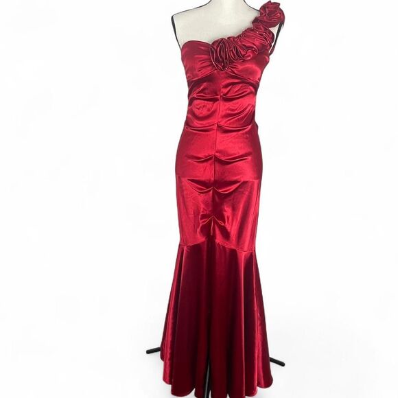 Blondie Nites Red Satin Dress Ruffle Mermaid Formal Gown Maxi Roses Size 5 - Picture 1 of 8